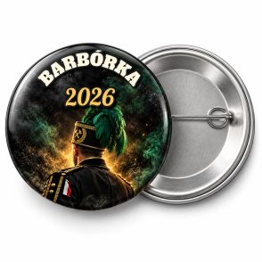 Przypinka Barbórka Górnik w Mundurze: przypinka na Barbórkę z napisem BARBÓRKA oraz polem rok (np. 2026) – przód i aluminiowy tył z agrafką