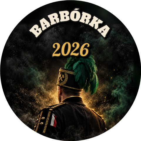 Wzór: Przypinka Barbórka Górnik w Mundurze – napis BARBÓRKA i pole rok na grafice w górniczym stylu