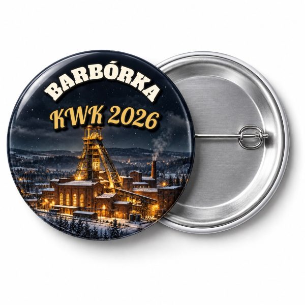Przypinka Barbórka Kopalnia Nocą: przypinka na Barbórkę z napisem BARBÓRKA oraz polem kopalnia (np. KWK 2026) – przód i aluminiowy tył z agrafką