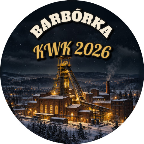 Wzór: Przypinka Barbórka Kopalnia Nocą – napis BARBÓRKA i pole kopalnia na grafice w górniczym stylu