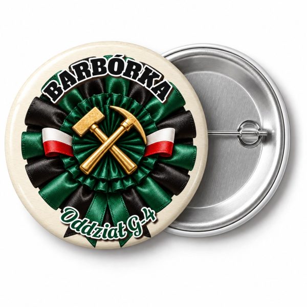Przypinka Barbórka Kotylion Górniczy: przypinka na Barbórkę z napisem BARBÓRKA oraz polem oddział (np. Oddział G-4) – przód i aluminiowy tył z agrafką