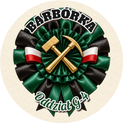 Wzór: Przypinka Barbórka Kotylion Górniczy – napis BARBÓRKA i pole oddział na grafice w górniczym stylu