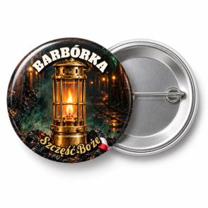 Przypinka Barbórka Lampa Górnicza: przypinka na Barbórkę z napisem BARBÓRKA oraz polem pozdrowienie (np. Szczęść Boże) – przód i aluminiowy tył z agrafką