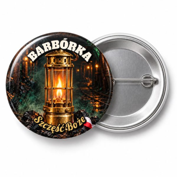 Przypinka Barbórka Lampa Górnicza: przypinka na Barbórkę z napisem BARBÓRKA oraz polem pozdrowienie (np. Szczęść Boże) – przód i aluminiowy tył z agrafką