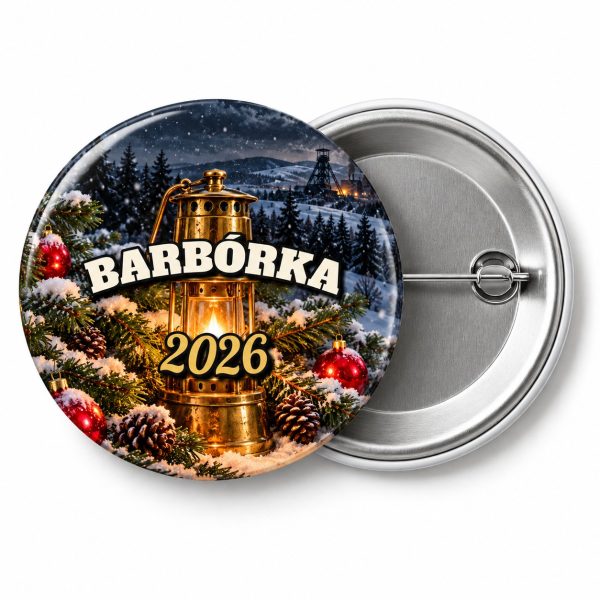 Przypinka Barbórka Lampa i Jodła: przypinka na Barbórkę z napisem BARBÓRKA oraz polem rok (np. 2026) – przód i aluminiowy tył z agrafką