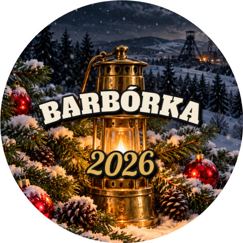 Wzór: Przypinka Barbórka Lampa i Jodła – napis BARBÓRKA i pole rok na grafice w górniczym stylu