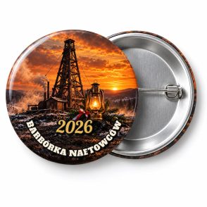 Przypinka Barbórka Naftowców: przypinka na Barbórkę z napisem BARBÓRKA NAFTOWCÓW oraz polem rok (np. 2026) – przód i aluminiowy tył z agrafką
