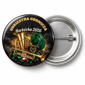 Przypinka Barbórka Orkiestra Górnicza: przypinka na Barbórkę z napisem ORKIESTRA GÓRNICZA oraz polem napis dolny (np. Barbórka 2026) – przód i aluminiowy tył z agrafką