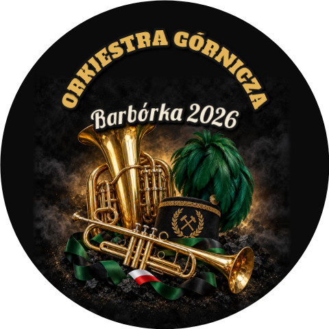 Wzór: Przypinka Barbórka Orkiestra Górnicza – napis ORKIESTRA GÓRNICZA i pole napis dolny na grafice w górniczym stylu