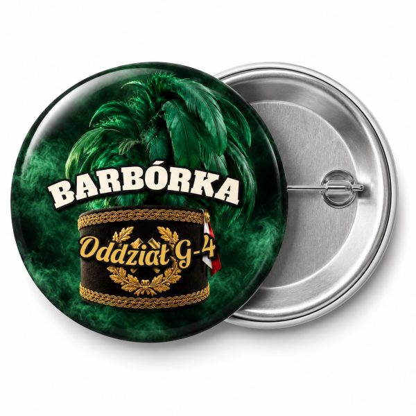 Przypinka Barbórka Pióropusz: przypinka na Barbórkę z napisem BARBÓRKA oraz polem oddział (np. Oddział G-4) – przód i aluminiowy tył z agrafką