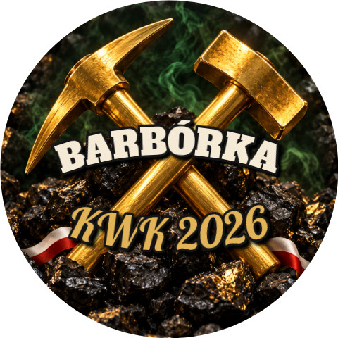 Wzór: Przypinka Barbórka Pyrlik i Żelazko – napis BARBÓRKA i pole kopalnia na grafice w górniczym stylu