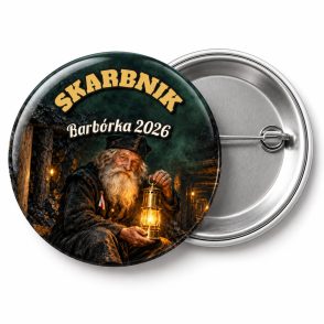 Przypinka Barbórka Skarbnik: przypinka na Barbórkę z napisem SKARBNIK oraz polem napis dolny (np. Barbórka 2026) – przód i aluminiowy tył z agrafką