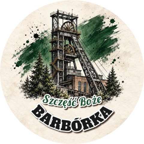 Wzór: Przypinka Barbórka Szyb Szkic – napis BARBÓRKA i pole pozdrowienie na grafice w górniczym stylu