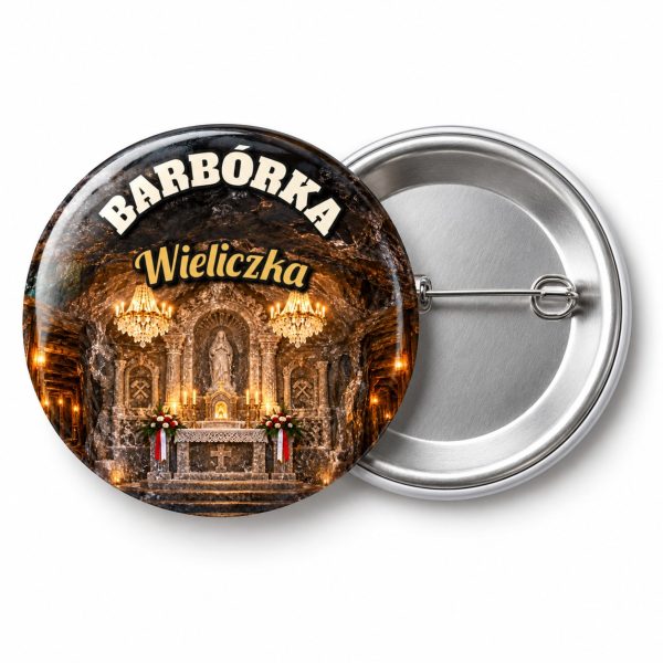 Przypinka Barbórka w Kopalni Soli: przypinka na Barbórkę z napisem BARBÓRKA oraz polem miejscowość (np. Wieliczka) – przód i aluminiowy tył z agrafką