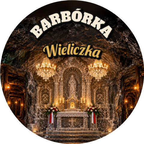 Wzór: Przypinka Barbórka w Kopalni Soli – napis BARBÓRKA i pole miejscowość na grafice w górniczym stylu