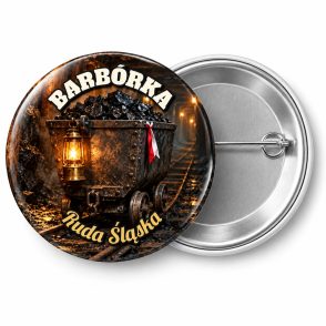 Przypinka Barbórka Wagonik z Węglem: przypinka na Barbórkę z napisem BARBÓRKA oraz polem miejscowość (np. Ruda Śląska) – przód i aluminiowy tył z agrafką