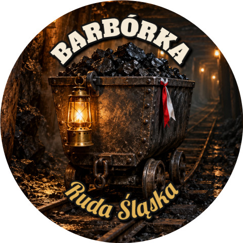 Wzór: Przypinka Barbórka Wagonik z Węglem – napis BARBÓRKA i pole miejscowość na grafice w górniczym stylu