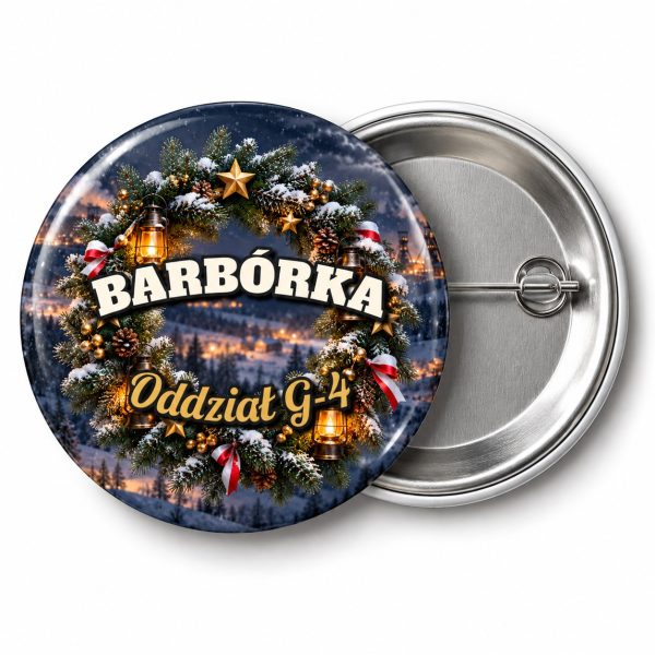 Przypinka Barbórka Wieniec Gwiazd: przypinka na Barbórkę z napisem BARBÓRKA oraz polem oddział (np. Oddział G-4) – przód i aluminiowy tył z agrafką