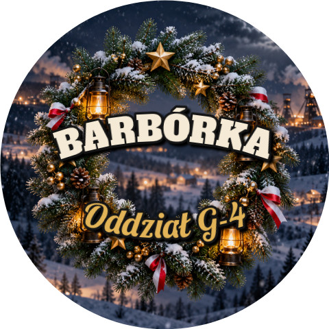 Wzór: Przypinka Barbórka Wieniec Gwiazd – napis BARBÓRKA i pole oddział na grafice w górniczym stylu