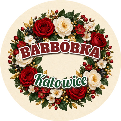 Wzór: Przypinka Barbórka Wieniec Kwiatowy – napis BARBÓRKA i pole miejscowość na grafice w górniczym stylu