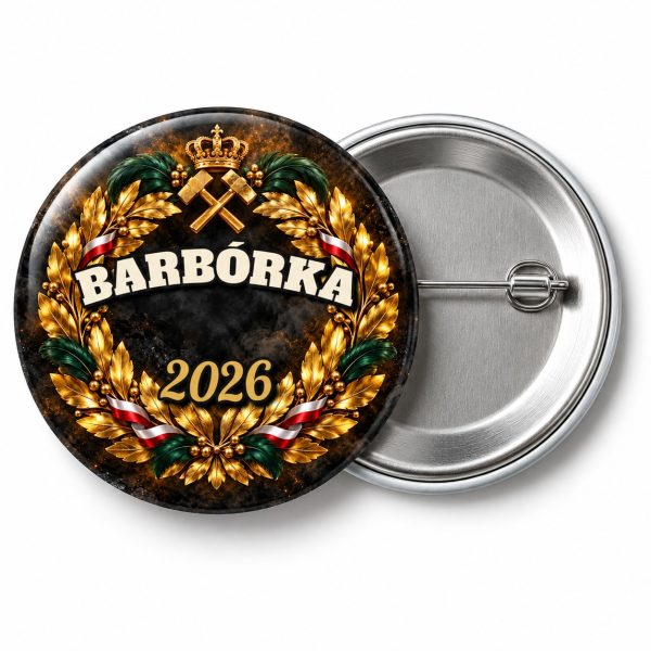 Przypinka Barbórka Wieniec Laurowy: przypinka na Barbórkę z napisem BARBÓRKA oraz polem rok (np. 2026) – przód i aluminiowy tył z agrafką