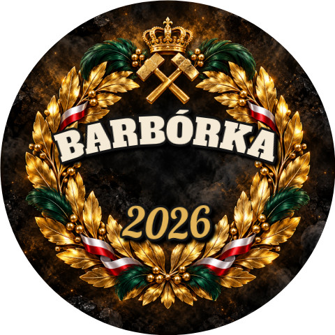 Wzór: Przypinka Barbórka Wieniec Laurowy – napis BARBÓRKA i pole rok na grafice w górniczym stylu