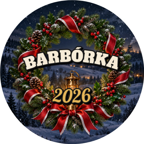 Wzór: Przypinka Barbórka Wieniec Świąteczny – napis BARBÓRKA i pole rok na grafice w górniczym stylu