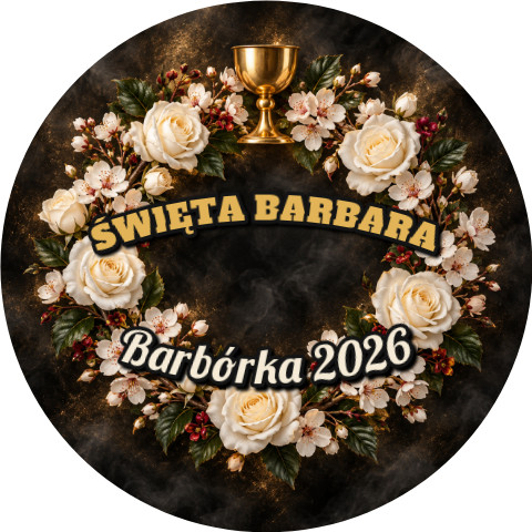 Wzór: Przypinka Barbórka Wieniec Świętej Barbary – napis ŚWIĘTA BARBARA i pole napis dolny na grafice w górniczym stylu