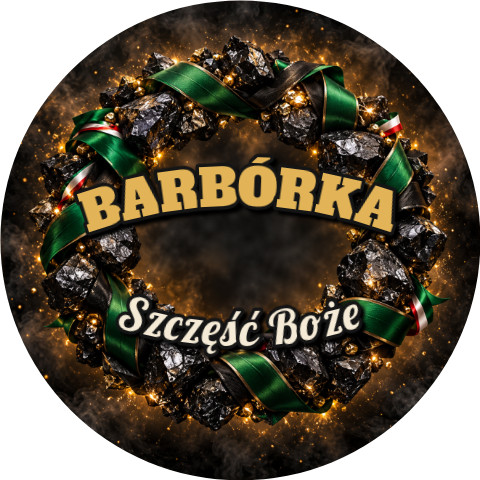 Wzór: Przypinka Barbórka Wieniec z Węgla – napis BARBÓRKA i pole pozdrowienie na grafice w górniczym stylu