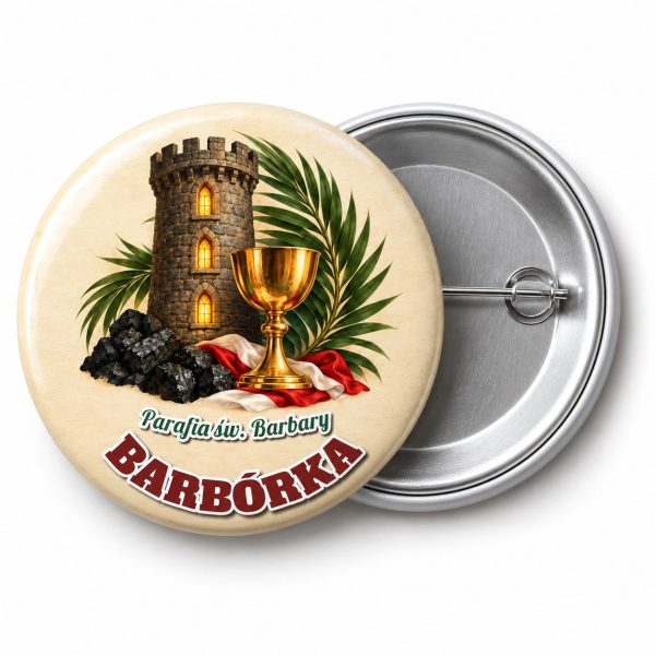 Przypinka Barbórka Wieża Świętej Barbary: przypinka na Barbórkę z napisem BARBÓRKA oraz polem parafia (np. Parafia św. Barbary) – przód i aluminiowy tył z agrafką