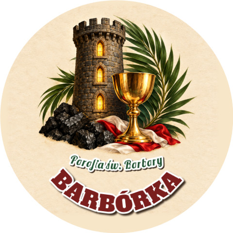 Wzór: Przypinka Barbórka Wieża Świętej Barbary – napis BARBÓRKA i pole parafia na grafice w górniczym stylu
