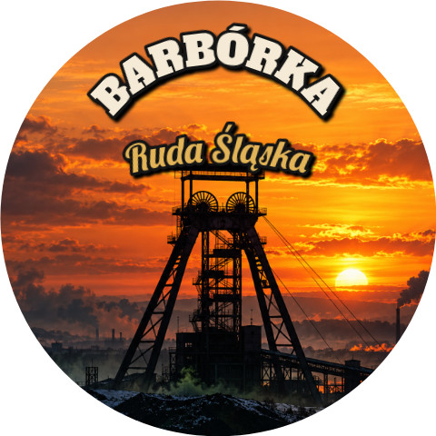 Wzór: Przypinka Barbórka Wieża Szybowa – napis BARBÓRKA i pole miejscowość na grafice w górniczym stylu