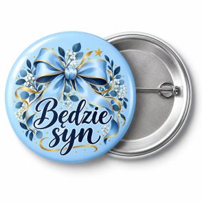 Przypinka Będzie Syn: kolorowa przypinka na baby shower z napisem Będzie syn – przód i aluminiowy tył z agrafką