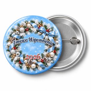 Przypinka Biały Wieniec Zimowy: przypinka na Boże Narodzenie z napisem Zimowe Wspomnienia oraz polem rok (np. 2026) – przód i aluminiowy tył z agrafką