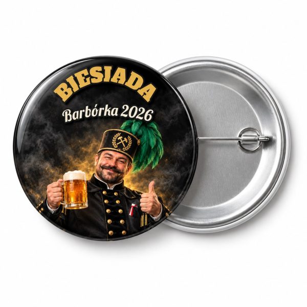 Przypinka Biesiada Barbórkowa: przypinka na Barbórkę z napisem BIESIADA oraz polem napis dolny (np. Barbórka 2026) – przód i aluminiowy tył z agrafką