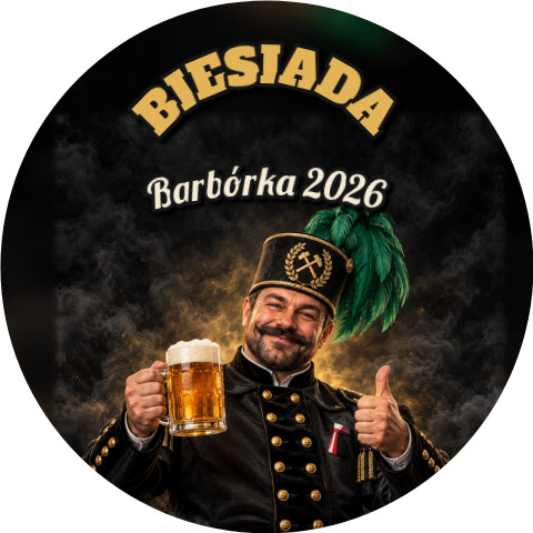 Wzór: Przypinka Biesiada Barbórkowa – napis BIESIADA i pole napis dolny na grafice w górniczym stylu