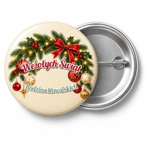 Przypinka Bombki na Gałęzi: przypinka na Boże Narodzenie z napisem Wesołych Świąt oraz polem rodzina (np. Rodzina Kowalskich) – przód i aluminiowy tył z agrafką