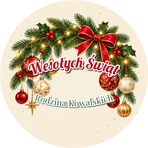 Wzór: Przypinka Bombki na Gałęzi – napis Wesołych Świąt i pole rodzina na świątecznej grafice