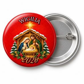 Przypinka Boże Narodzenie Szopka Betlejemska: przypinka na Boże Narodzenie z napisem WIGILIA oraz polem rok (np. 2026) – przód i aluminiowy tył z agrafką