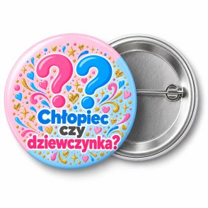 Przypinka Chłopiec czy Dziewczynka: kolorowa przypinka na baby shower z napisem Chłopiec czy dziewczynka? – przód i aluminiowy tył z agrafką