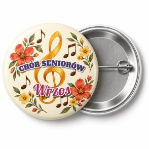 Przypinka Chór Seniorów: kolorowa przypinka na Dzień Seniora z napisem CHÓR SENIORÓW oraz polem nazwa chóru (np. Wrzos) – przód i aluminiowy tył z agrafką