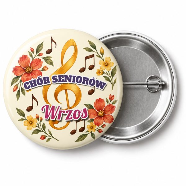 Przypinka Chór Seniorów: kolorowa przypinka na Dzień Seniora z napisem CHÓR SENIORÓW oraz polem nazwa chóru (np. Wrzos) – przód i aluminiowy tył z agrafką