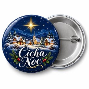 Przypinka Cicha Noc Gwiazda: przypinka na Boże Narodzenie z napisem Cicha Noc – przód i aluminiowy tył z agrafką