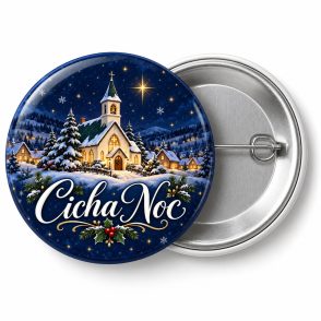 Przypinka Cicha Noc Kościółek: przypinka na Boże Narodzenie z napisem Cicha Noc – przód i aluminiowy tył z agrafką