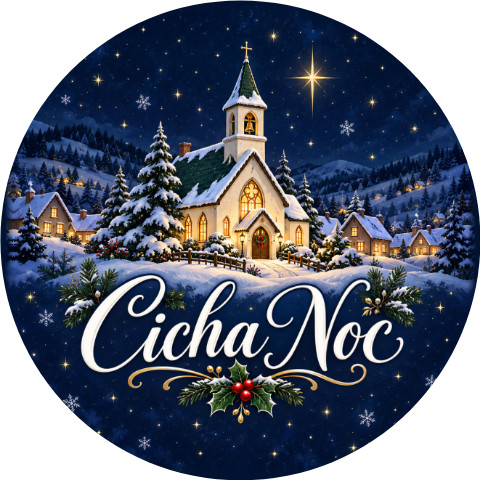 Wzór: Przypinka Cicha Noc Kościółek – świąteczna grafika z napisem Cicha Noc