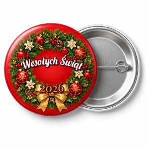 Przypinka Czerwony Wieniec: przypinka na Boże Narodzenie z napisem Wesołych Świąt oraz polem rok (np. 2026) – przód i aluminiowy tył z agrafką