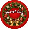 Wzór: Przypinka Czerwony Wieniec – napis Wesołych Świąt i pole rok na świątecznej grafice