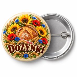 Przypinka Dożynki Chleb i Kwiaty: kolorowa przypinka na dożynki z napisem DOŻYNKI – przód i aluminiowy tył z agrafką