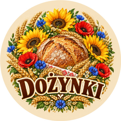 Wzór: Przypinka Dożynki Chleb i Kwiaty – pastelowa grafika z napisem DOŻYNKI