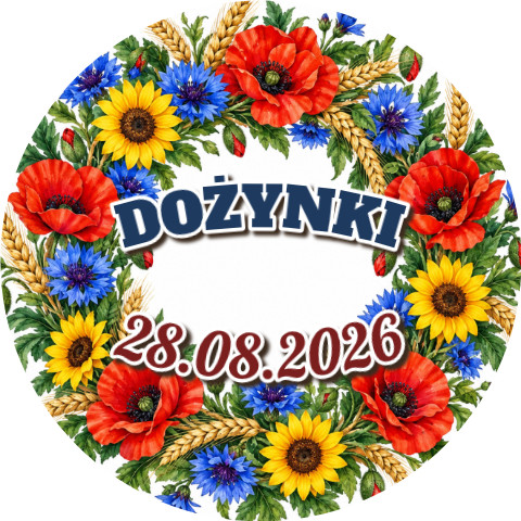 Wzór: Przypinka Dożynki Folkowe Kwiaty – napis DOŻYNKI i pole data na pastelowym tle